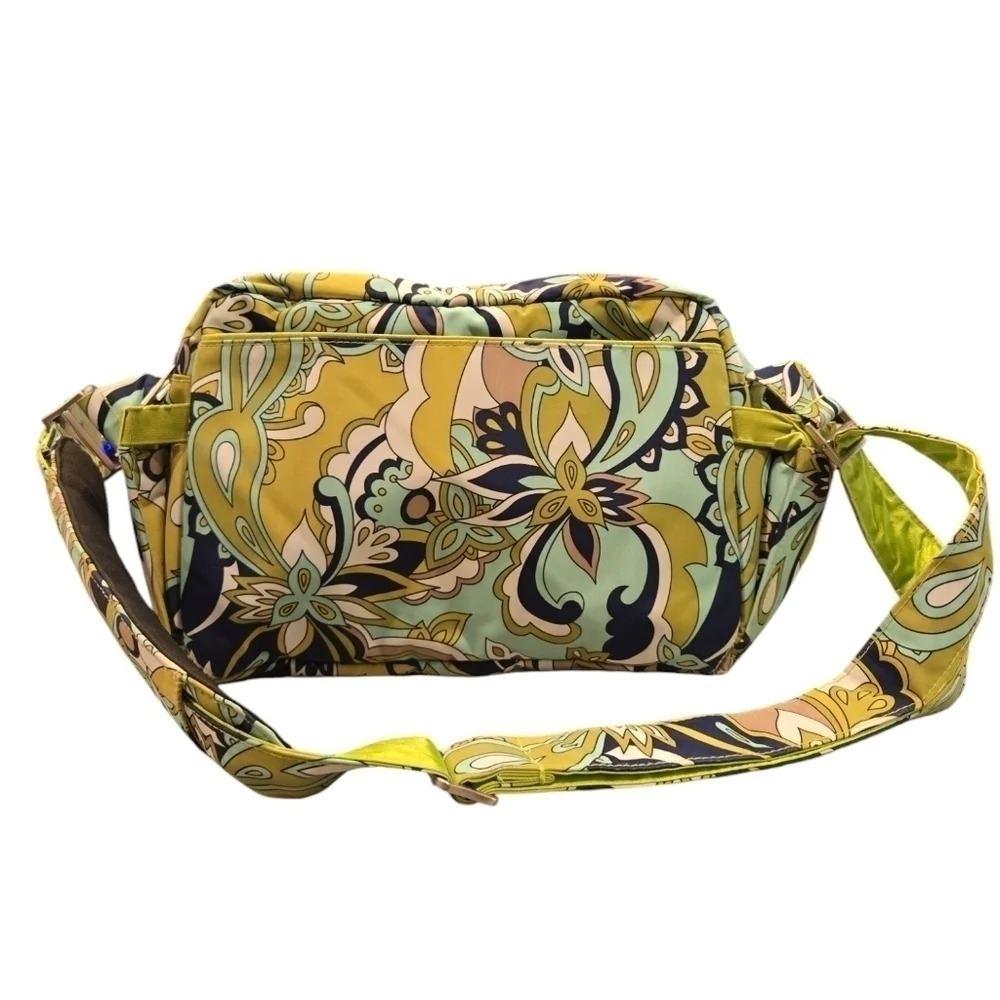 JU JU BE MESSANGER DIAPER BAG. GREEN, BLUE AND WHITE PAISLEY  AND FLORAL.